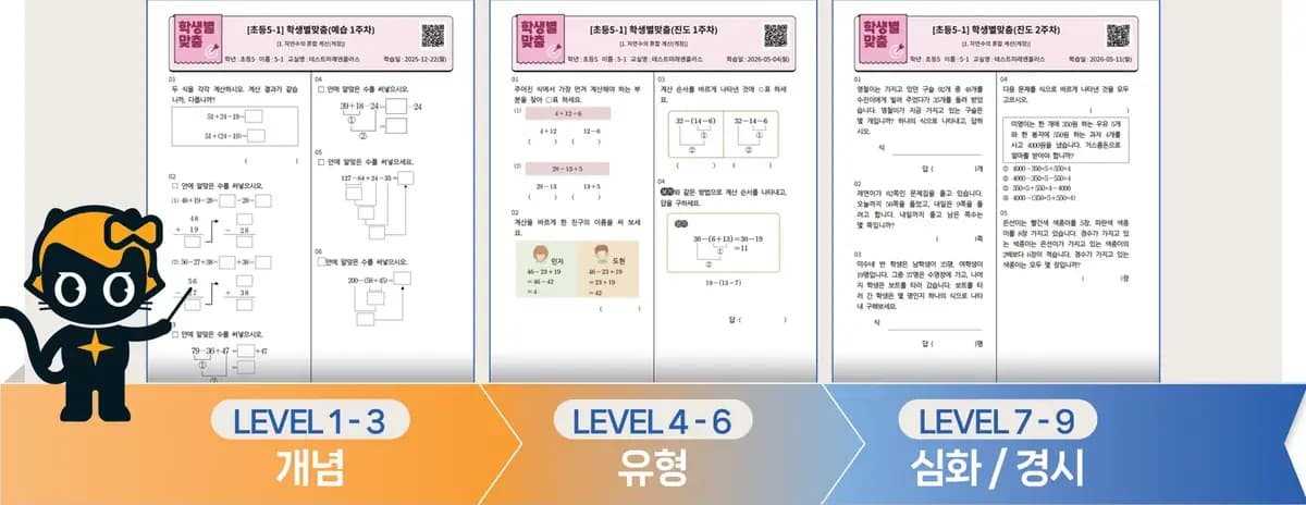 학생별 맞춤 학습지와 레벨 구간